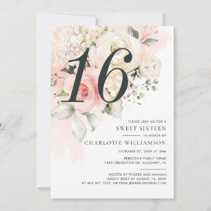 Invitation Fête d'anniversaire Sweet 16 aquarelle florale ros