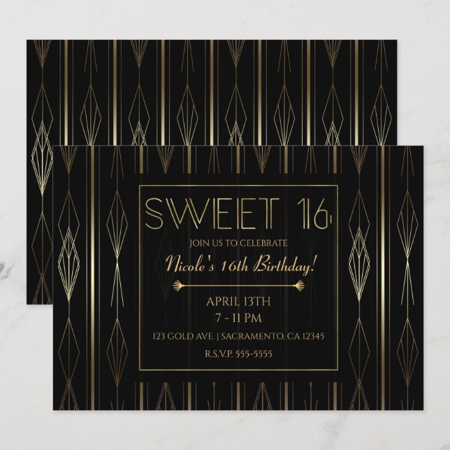 Invitation Fête d'anniversaire Sweet 16 Art déco noir et or (Devant / Derrière)