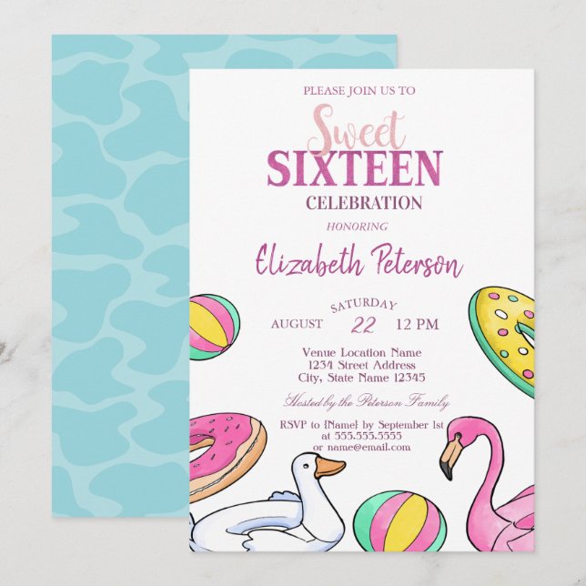 Invitation Fête d'anniversaire Sweet 16 au thème Flamant Rose (Devant / Derrière)