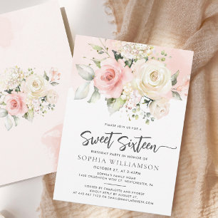 Invitation Fête d'anniversaire Sweet 16 aux fleurs roses