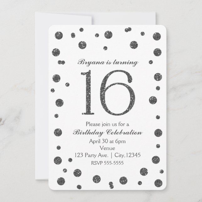 Invitation Fête d'anniversaire Sweet 16 aux points de paillet (Devant)