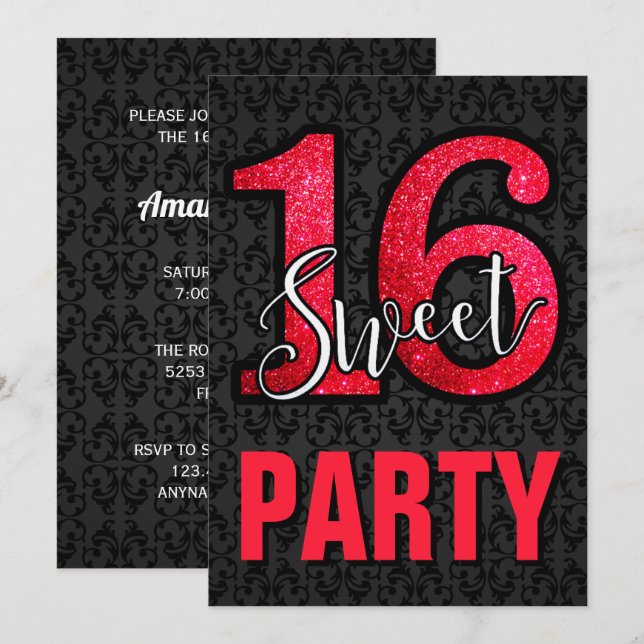Invitation Fête d'anniversaire Sweet 16 Black Damask Red Glit (Devant / Derrière)