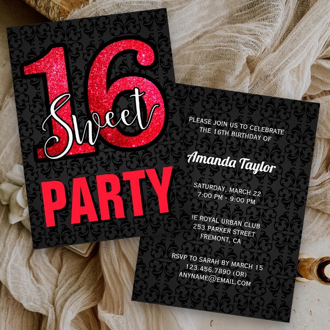 Invitation Fête d'anniversaire Sweet 16 Black Damask Red Glit (Créateur téléchargé)
