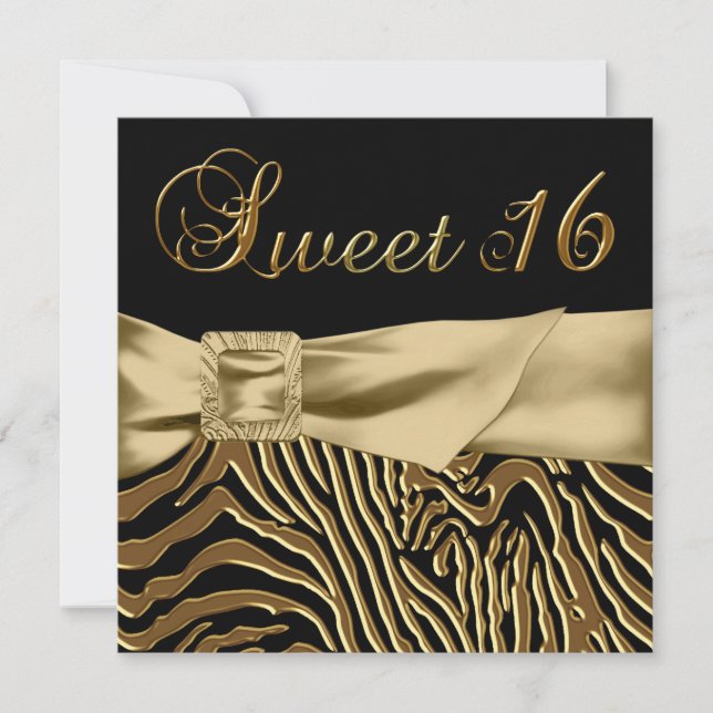 Invitation Fête d'anniversaire Sweet 16 Black Gold Zebra (Devant)