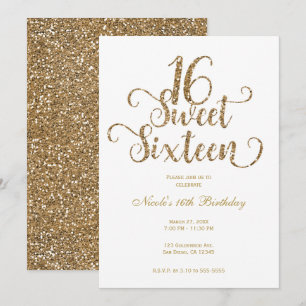 Invitation Fête d'anniversaire Sweet 16 blanc et or pailleté