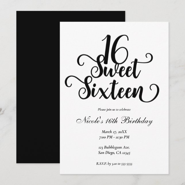Invitation Fête d'anniversaire Sweet 16 Blanc & Noir   (Devant / Derrière)