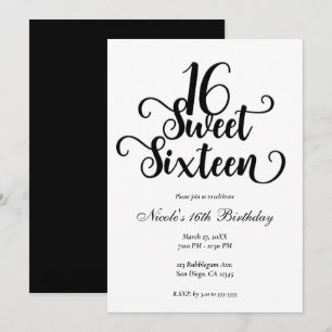 Invitation Fête d'anniversaire Sweet 16 Blanc & Noir  