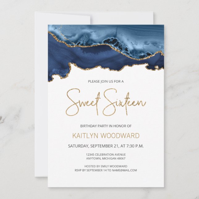 Invitation Fête d'anniversaire Sweet 16 Bleu Nuit Agate Dorée (Devant)