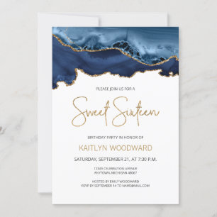 Invitation Fête d'anniversaire Sweet 16 Bleu Nuit Agate Dorée
