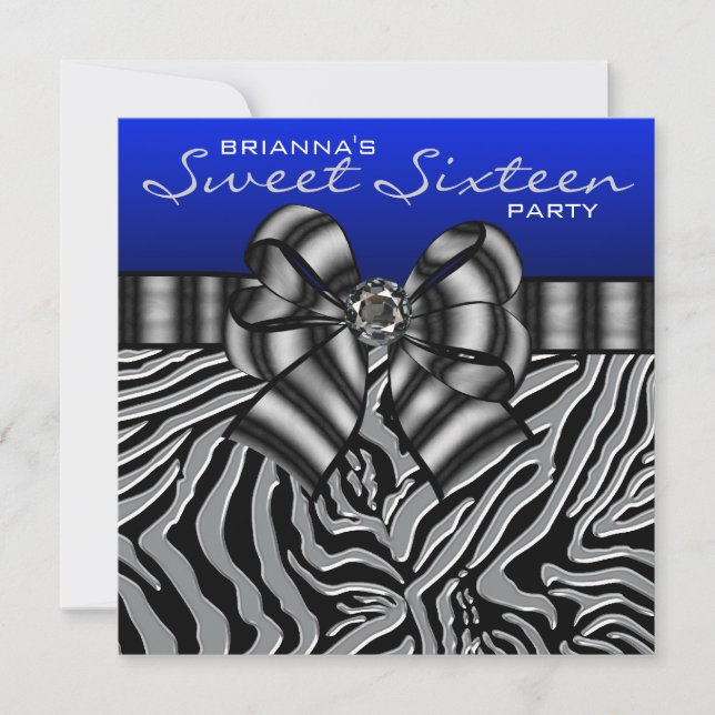 Invitation Fête d'anniversaire Sweet 16 bleu Royal Navy Zebra (Devant)