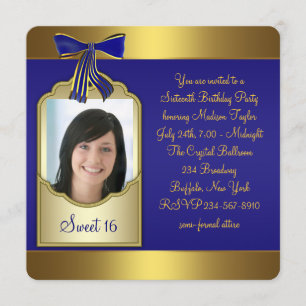 Invitation Fête d'anniversaire Sweet 16 Bleu Royal Or