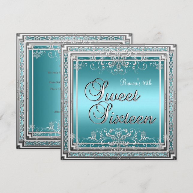 Invitation Fête d'anniversaire Sweet 16 Bleu sarcelle Argent  (Devant / Derrière)