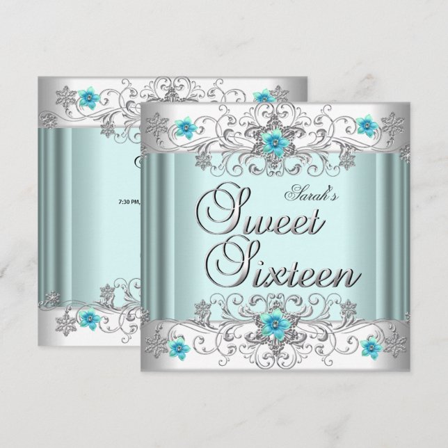 Invitation Fête d'anniversaire Sweet 16 Bleu sarcelle Blanc D (Devant / Derrière)