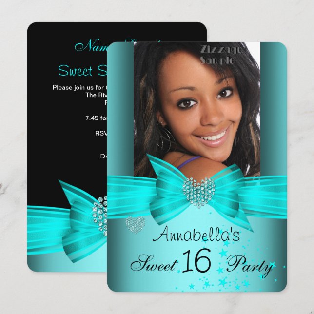 Invitation Fête d'anniversaire Sweet 16 Bleu sarcelle Diamant (Devant / Derrière)