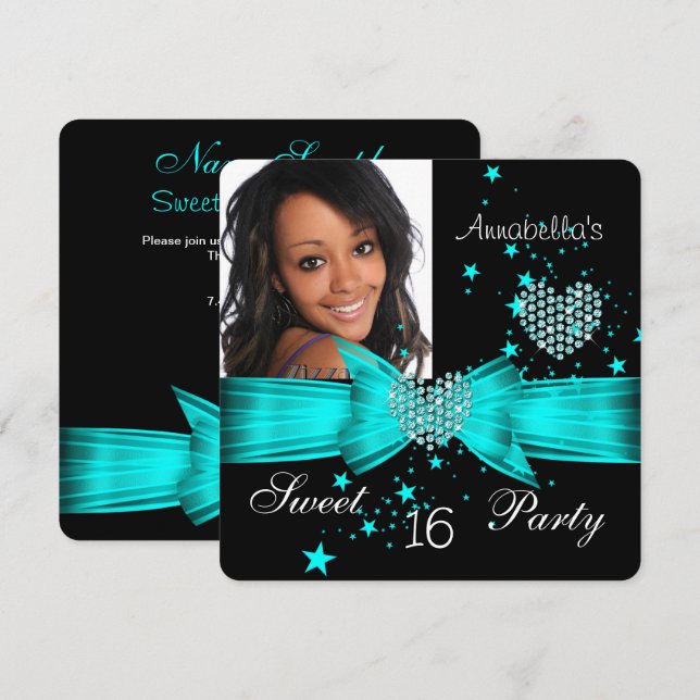 Invitation Fête d'anniversaire Sweet 16 Bleu sarcelle Diamant (Devant / Derrière)