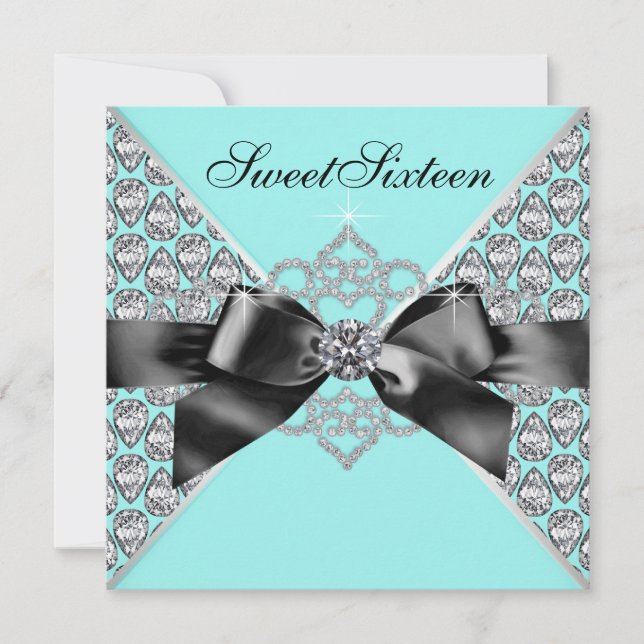 Invitation Fête d'anniversaire Sweet 16 Bleu sarcelle Noir Di (Devant)