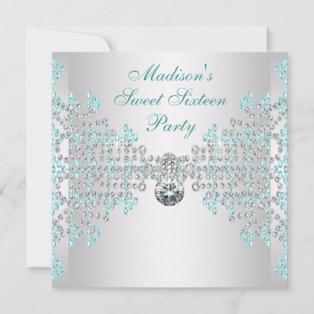 Invitation Fête d'anniversaire Sweet 16 Bleu Turquoise Diaman (Devant)