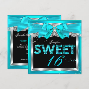 Invitation Fête d'anniversaire Sweet 16 Bleu Turquoise Paille