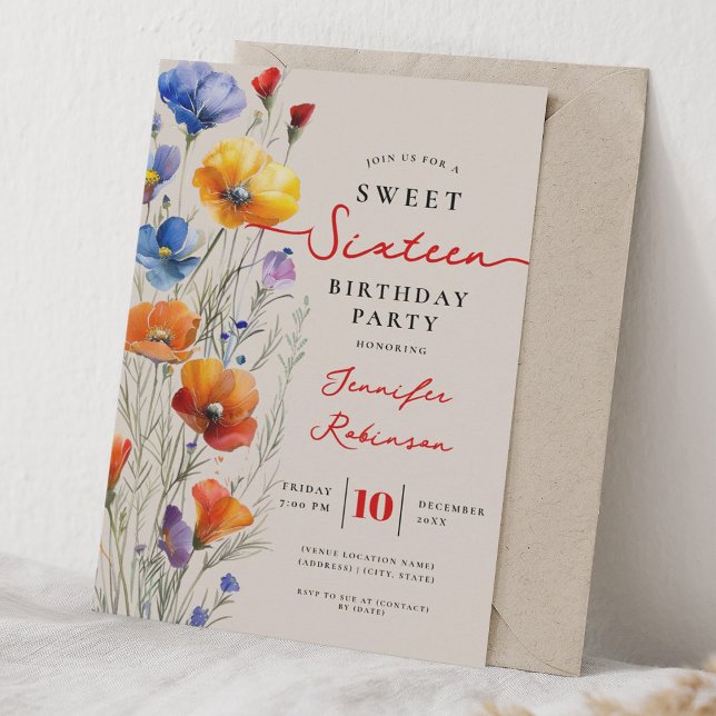 Invitation Fête d'anniversaire Sweet 16 Boho Fleurs sauvages  (Créateur téléchargé)
