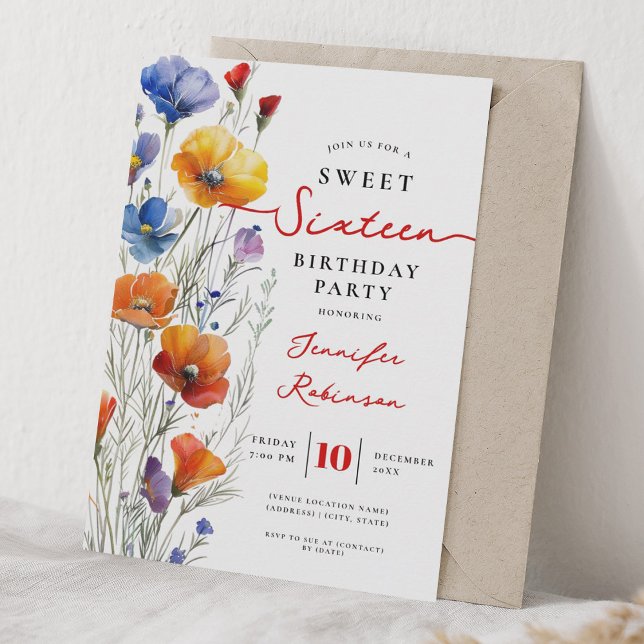 Invitation Fête d'anniversaire Sweet 16 Boho Fleurs sauvages  (Sweet 16 Birthday Party Boho Wildflowers Invitation)
