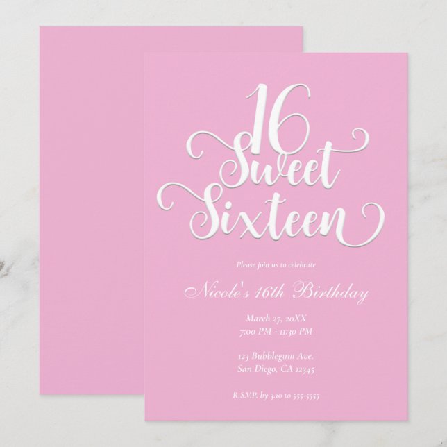 Invitation Fête d'anniversaire Sweet 16 Bubble Gum Rose et Bl (Devant / Derrière)