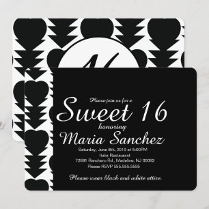 Invitation Fête d'anniversaire Sweet 16 Cœur noir et blanc