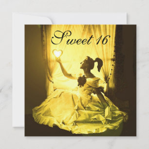 INVITATION FÊTE D'ANNIVERSAIRE SWEET 16, DAMAS JAUNE NOIR BLA