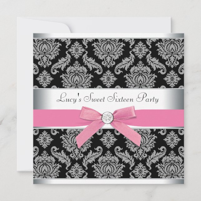 Invitation Fête d'anniversaire Sweet 16 Damask noir rose (Devant)