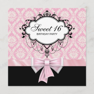 Invitation Fête d'anniversaire Sweet 16 Damassé Noir Rose