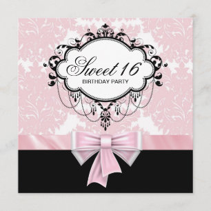 Invitation Fête d'anniversaire Sweet 16 Damassé Noir Rose