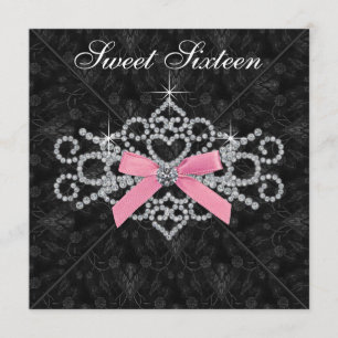 Invitation Fête d'anniversaire Sweet 16 Damassé Noir Rose Dia