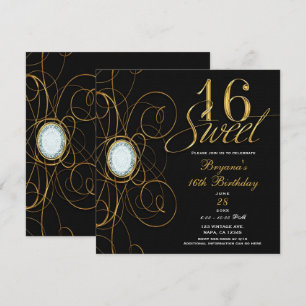 Invitation Fête d'anniversaire Sweet 16 diamant noir et or