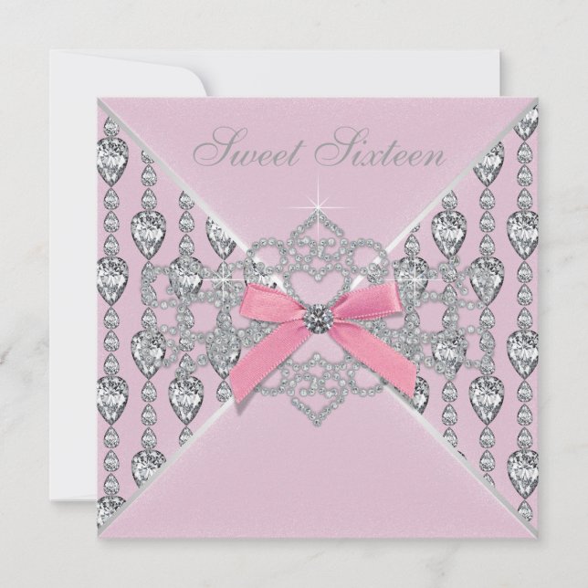 Invitation Fête d'anniversaire Sweet 16 diamants roses (Devant)