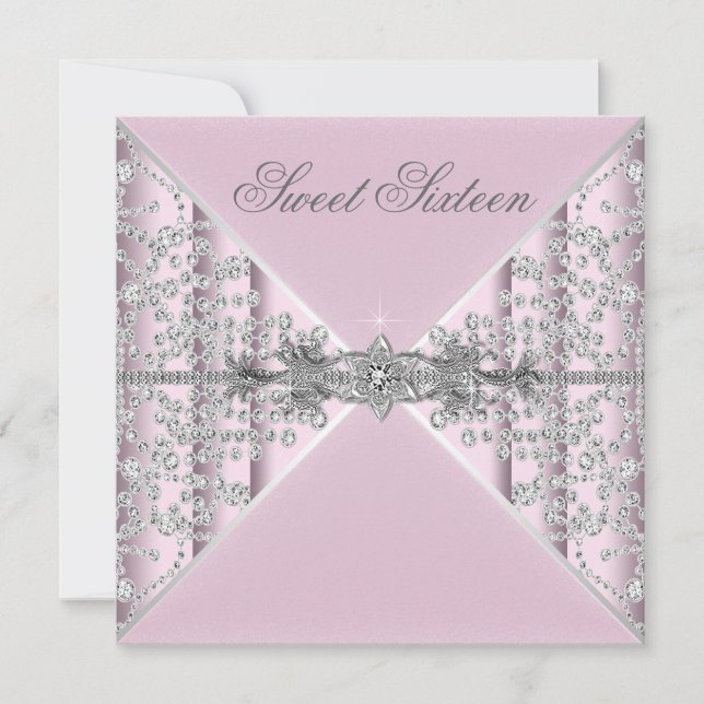 Invitation Fête d'anniversaire Sweet 16 Diamonds Rose Argent (Devant)