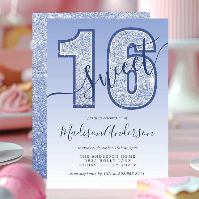 Invitation Fête d'anniversaire Sweet 16 écriture pailletée bl (Créateur téléchargé)