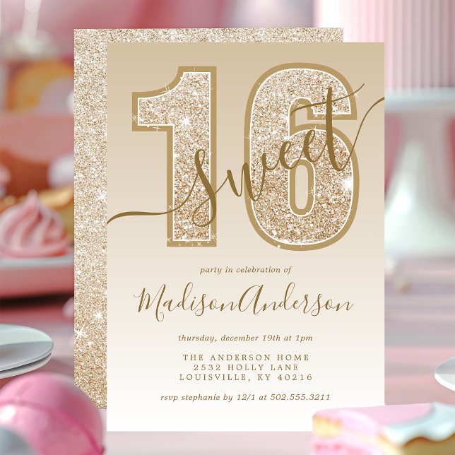 Invitation Fête d'anniversaire Sweet 16 écriture pailletée or (Créateur téléchargé)