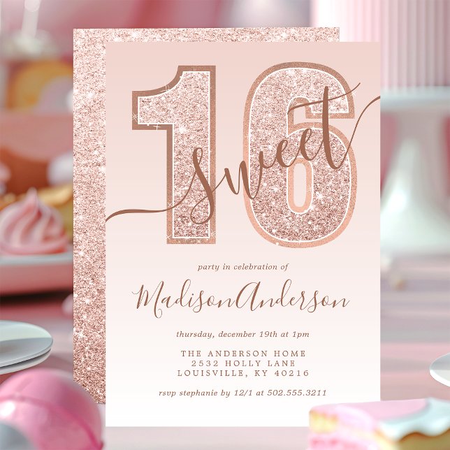 Invitation Fête d'anniversaire Sweet 16 écriture pailletée or (Créateur téléchargé)