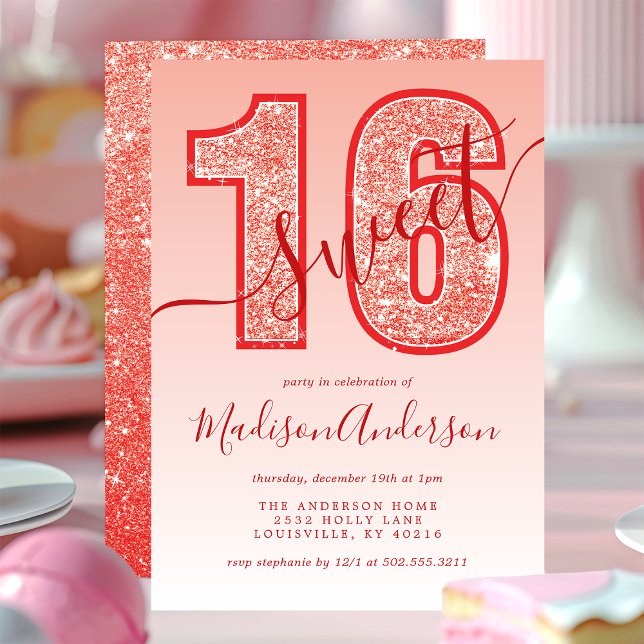 Invitation Fête d'anniversaire Sweet 16 écriture pailletée ro (Créateur téléchargé)