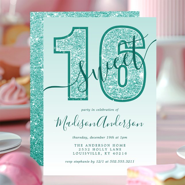Invitation Fête d'anniversaire Sweet 16 écriture pailletée sa (Créateur téléchargé)
