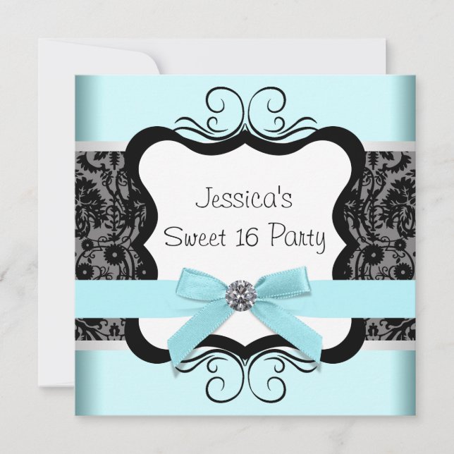 Invitation Fête d'anniversaire Sweet 16 en damas noir sarcell (Devant)