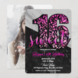 Invitation Fête d'anniversaire Sweet 16 en marbre rose et noi