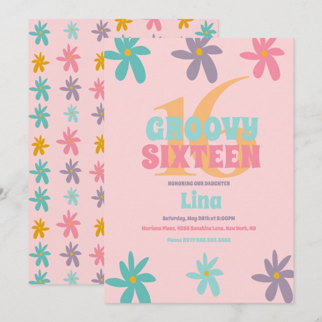 Invitation Fête d'anniversaire Sweet 16 Fleur Retro Daisy (Devant / Derrière)