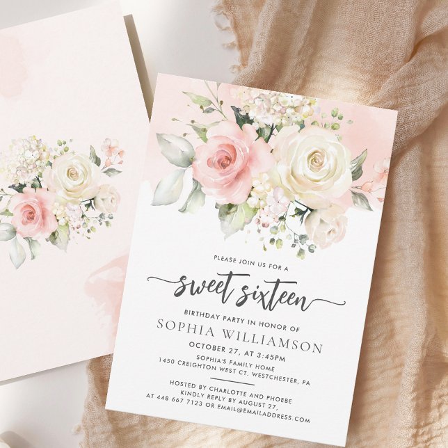 Invitation Fête d'anniversaire Sweet 16 Fleurs roses (Pink Floral Sweet Sixteen Script Watercolor 16th Birthday Party Invitation)