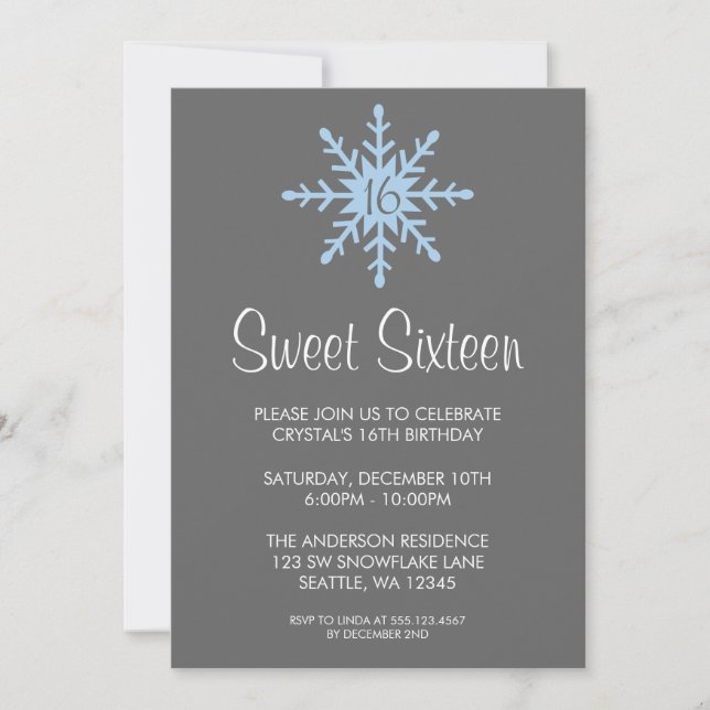 Invitation Fête d'anniversaire Sweet 16 Flocon de neige d'hiv (Devant)