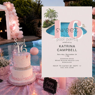 Invitation Fête d'anniversaire Sweet 16 Glam Pool 