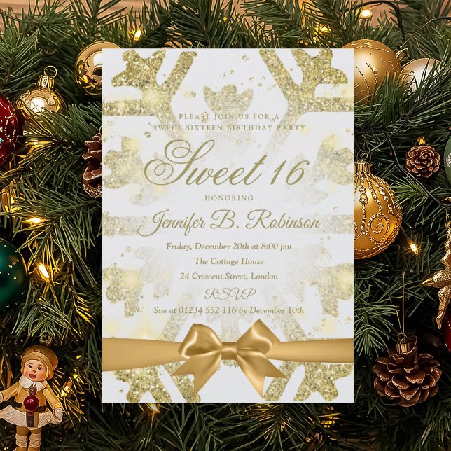 Invitation Fête d'anniversaire Sweet 16 Glitter Bow Or Hiver (Gold Winter Glitter Bow Sweet 16 Birthday Party Invitation)