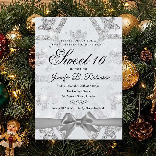 Invitation Fête d'anniversaire Sweet 16 Glitter & Ruban d'hiv (Winter Glitter & Ribbon Sweet 16 Birthday Party Invitation)