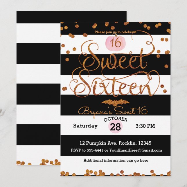Invitation Fête d'anniversaire Sweet 16 Halloween noir blanc  (Devant / Derrière)