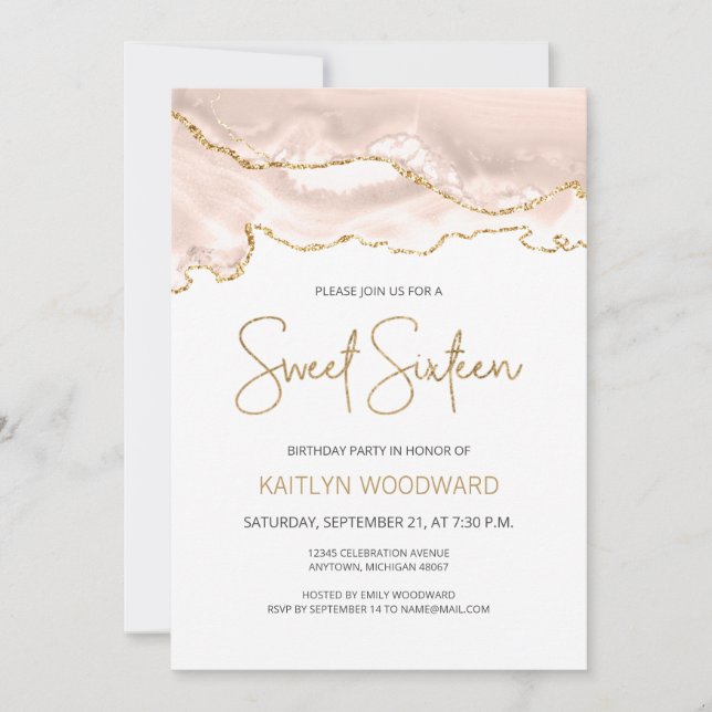 Invitation Fête d'anniversaire Sweet 16 Ivory Gold Agate (Devant)