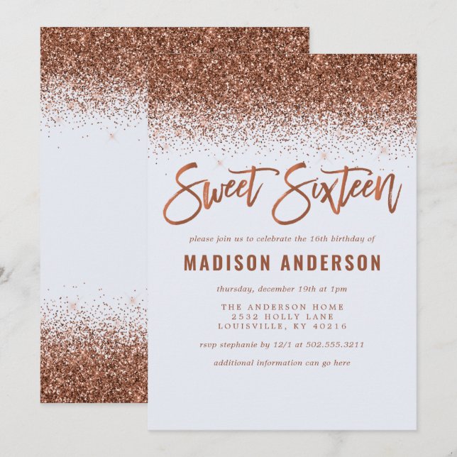 Invitation Fête d'anniversaire Sweet 16 moderne avec paillett (Devant / Derrière)